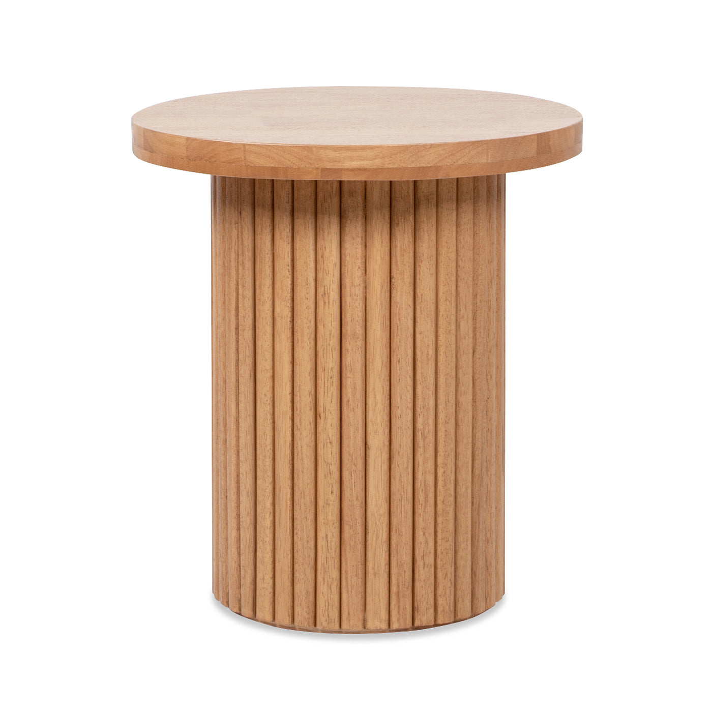 Kenzie 19.5" Fluted Pillar Round Accent Side Table, Light Natural Brown Rubberwood