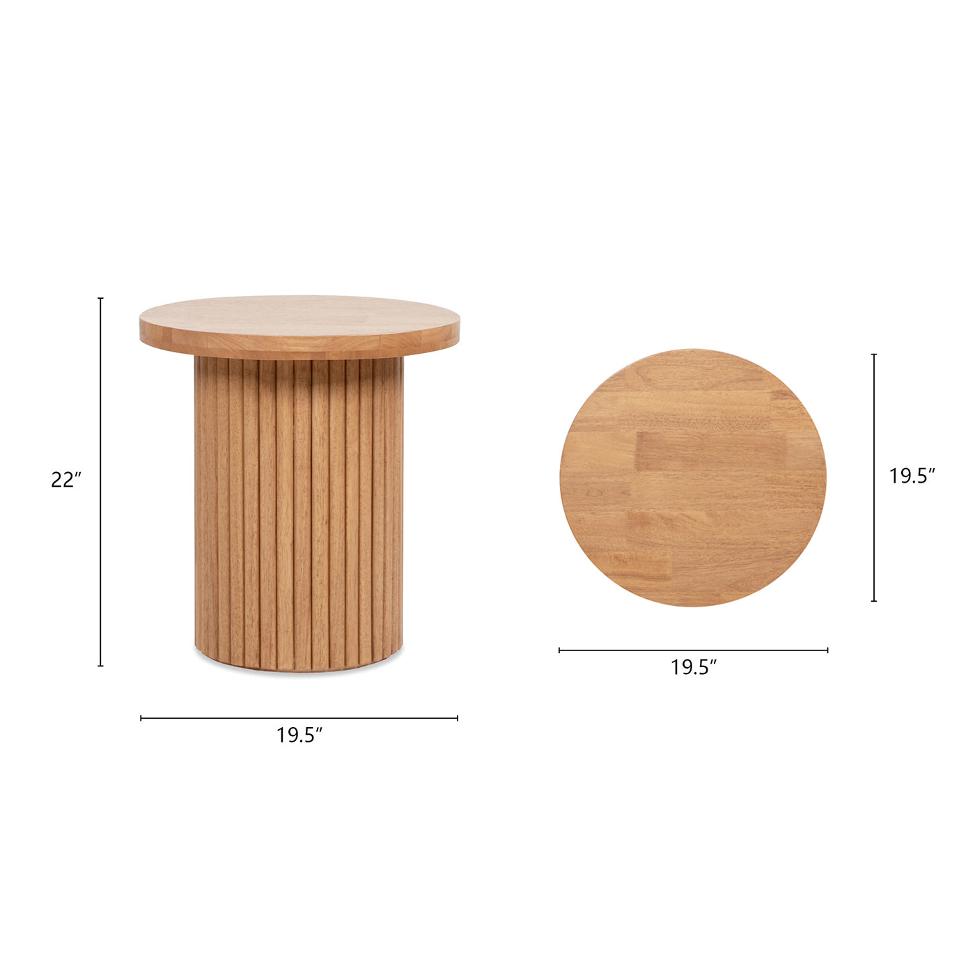 Kenzie 19.5" Fluted Pillar Round Accent Side Table, Light Natural Brown Rubberwood