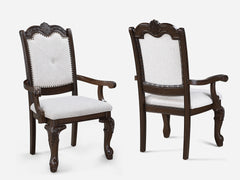 2pc Arm Chairs Beautifully Detailed Frames Luxurious Upholstery Coffee Brown Solid Wood Dining Furniture