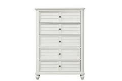 Coastal Transitional Style Chest Antique White Finish English Dovetail Drawers Ball Bearing Glides Round Knobs Drawers Handles Bedroom Furniture