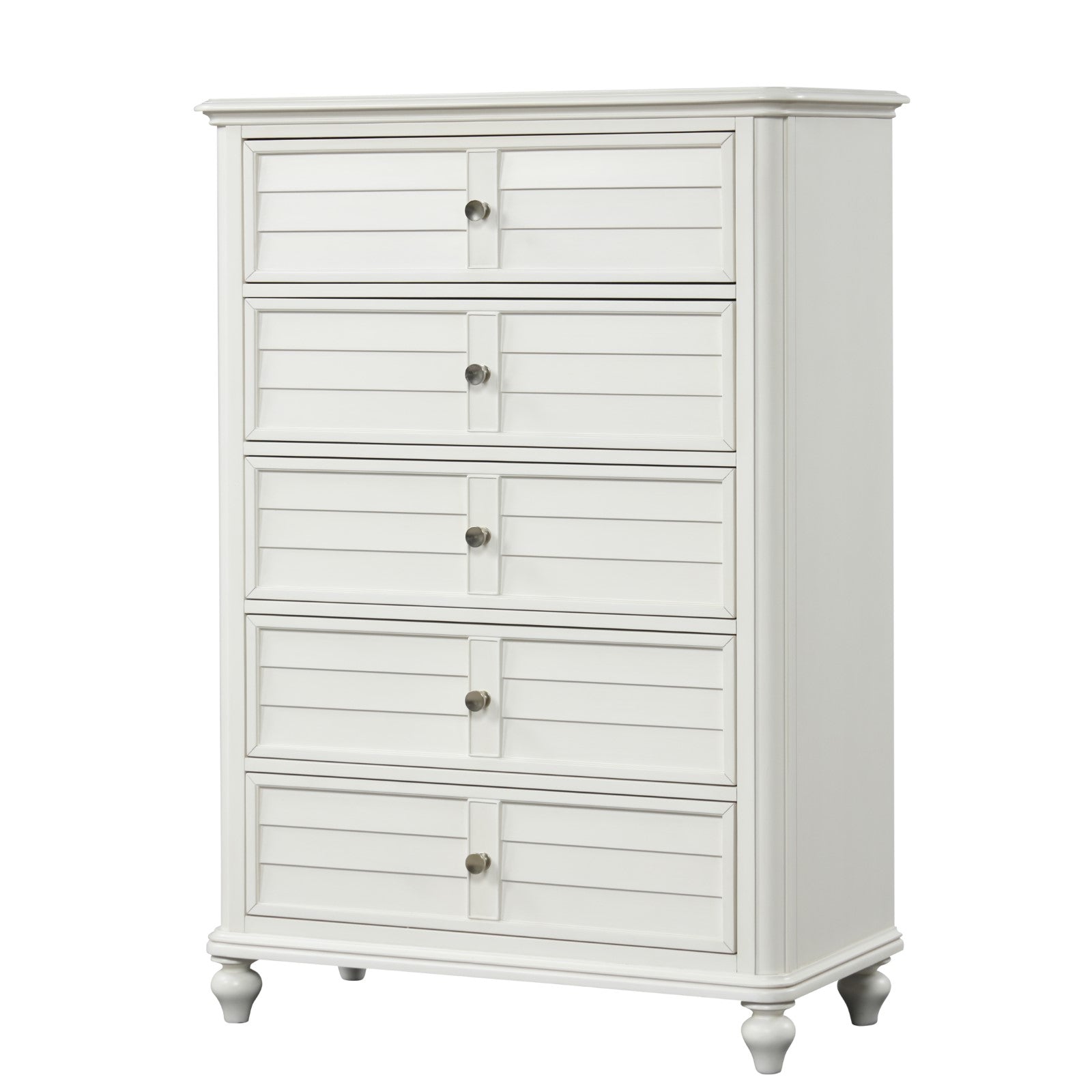 Coastal Transitional Style Chest Antique White Finish English Dovetail Drawers Ball Bearing Glides Round Knobs Drawers Handles Bedroom Furniture