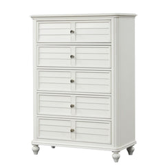 Coastal Transitional Style Chest Antique White Finish English Dovetail Drawers Ball Bearing Glides Round Knobs Drawers Handles Bedroom Furniture