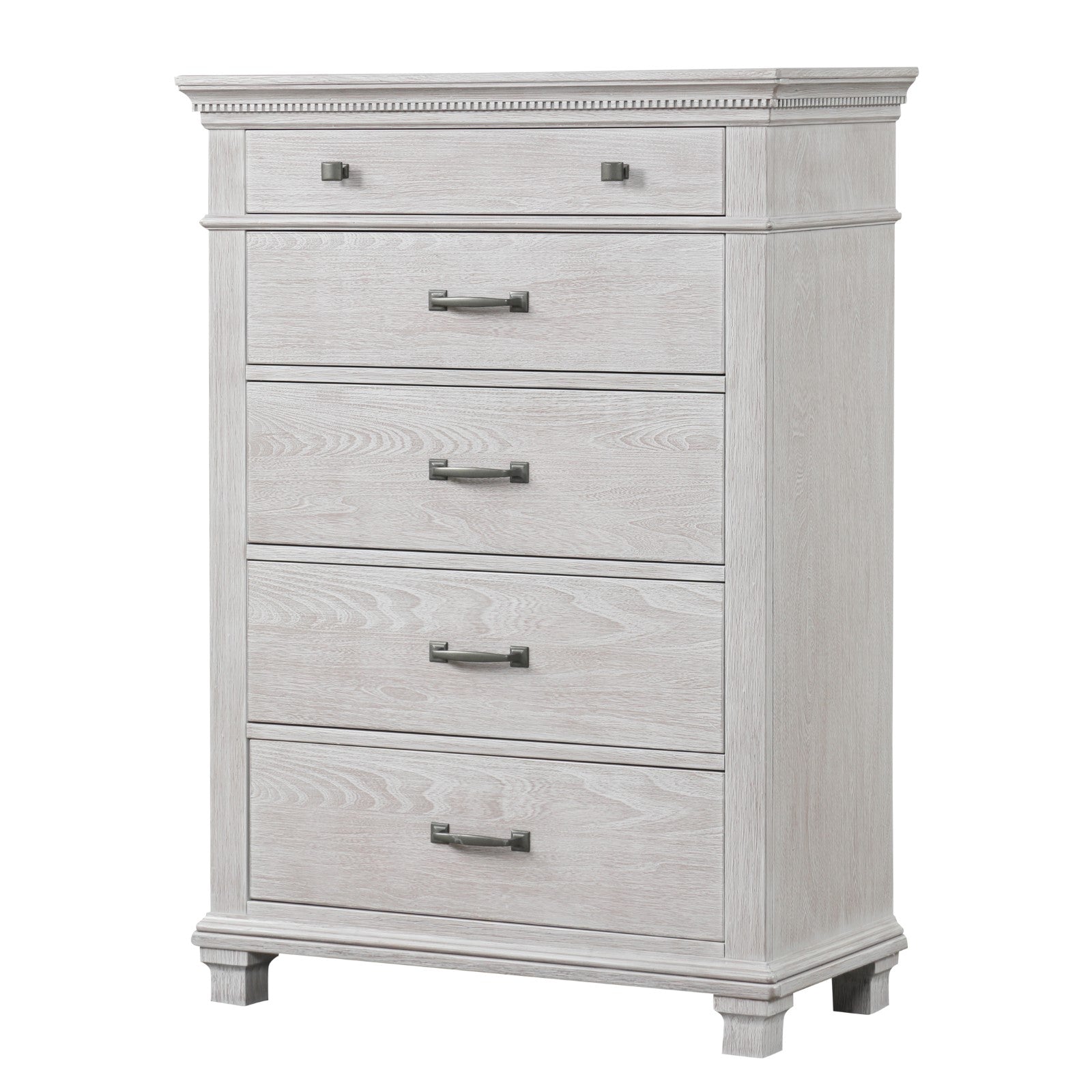 1pc Chest English Dovetail Drawers Knobs Metal Handles Metal Glides Dentil Molding Weathered Gray Finish Transitional Bedroom Furniture