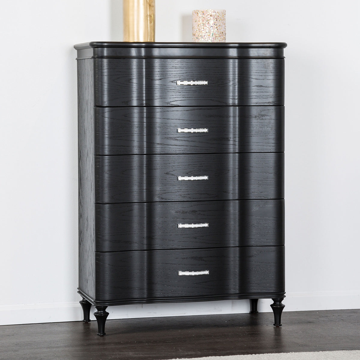 Glamorous  Finish 1pc Chest Curved Front Full Extension Drawer Acrylic Handles Turned Wooden Legs Felt Lined Top Drawer Black Finish Bedroom Furniture