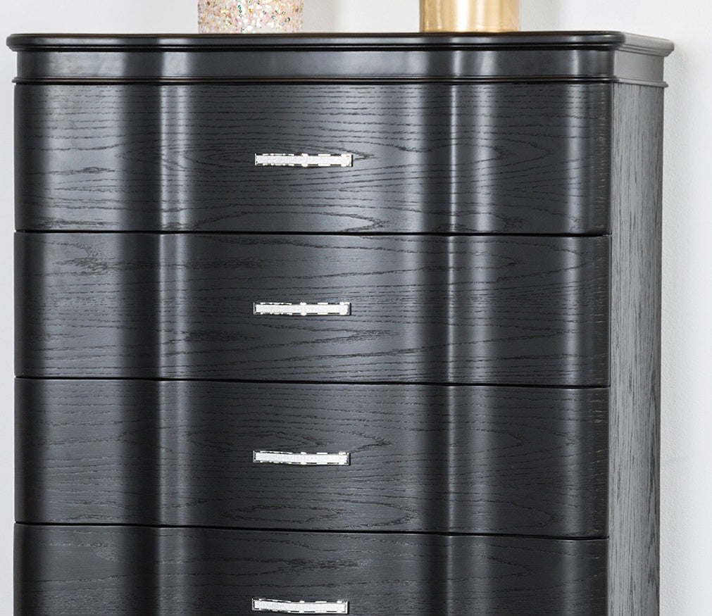Glamorous  Finish 1pc Chest Curved Front Full Extension Drawer Acrylic Handles Turned Wooden Legs Felt Lined Top Drawer Black Finish Bedroom Furniture