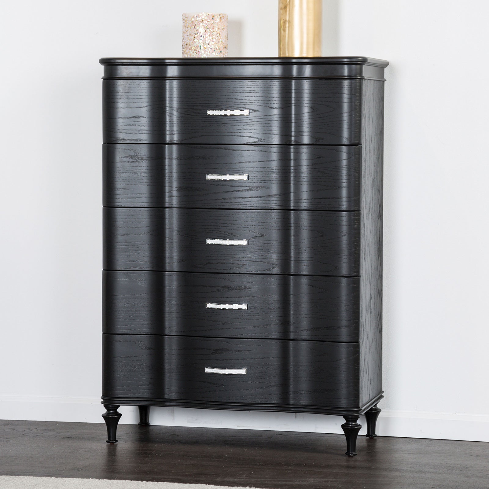 Glamorous  Finish 1pc Chest Curved Front Full Extension Drawer Acrylic Handles Turned Wooden Legs Felt Lined Top Drawer Black Finish Bedroom Furniture