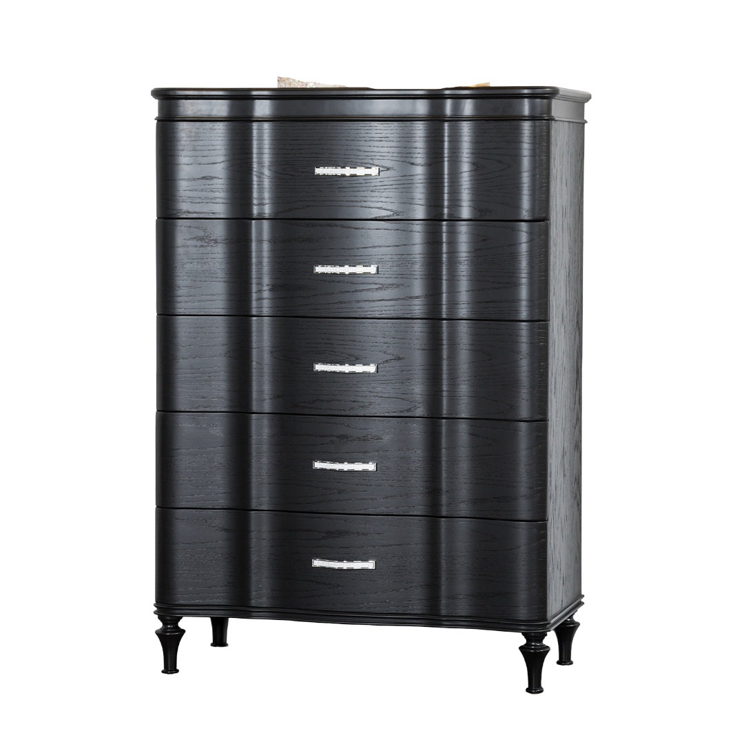 Glamorous  Finish 1pc Chest Curved Front Full Extension Drawer Acrylic Handles Turned Wooden Legs Felt Lined Top Drawer Black Finish Bedroom Furniture
