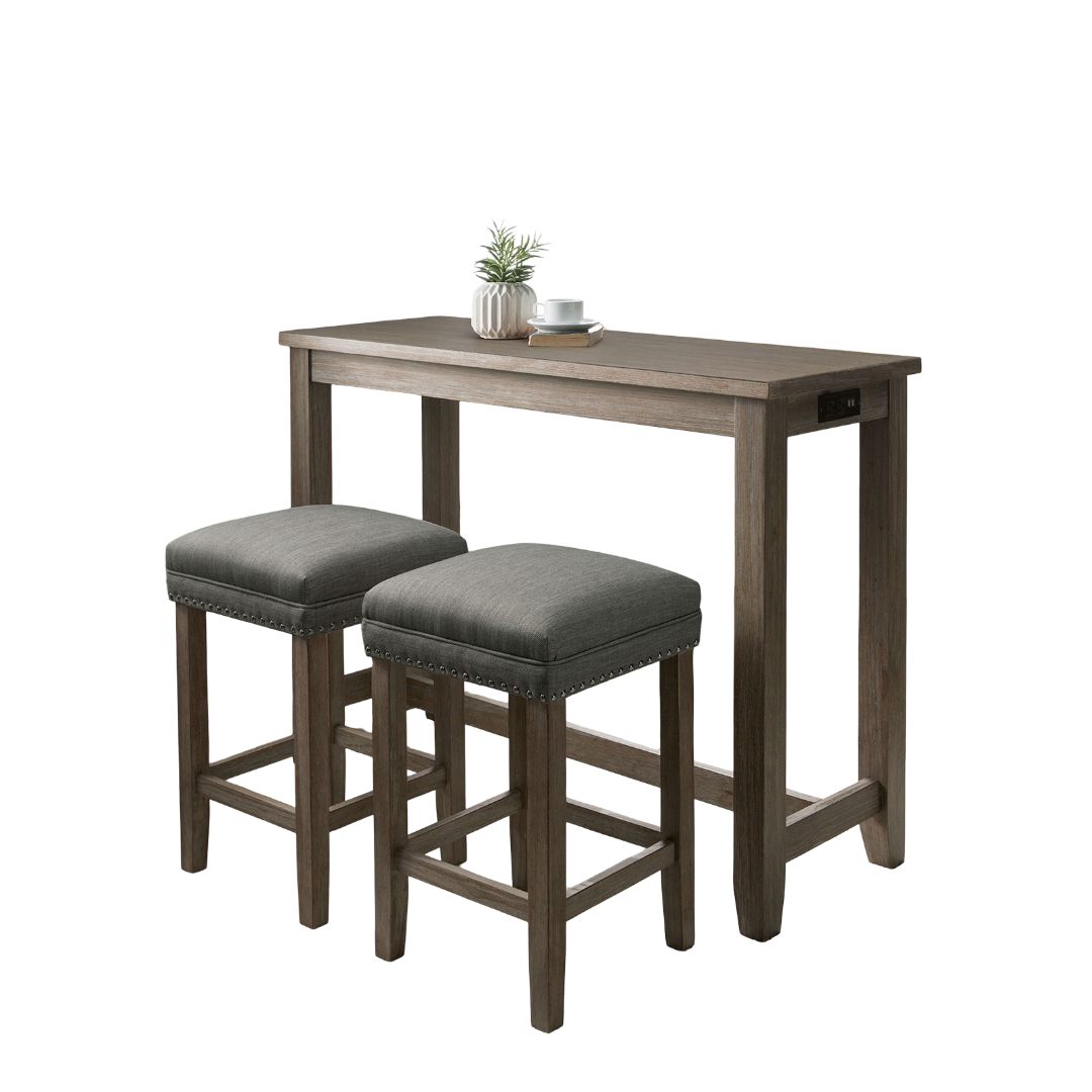 Transitional Style 3pc Dining Table Set 1x Table 2x Stool Padded Seat Nailhead Trim USB Port Wire Brushed Gray And Gray Finish