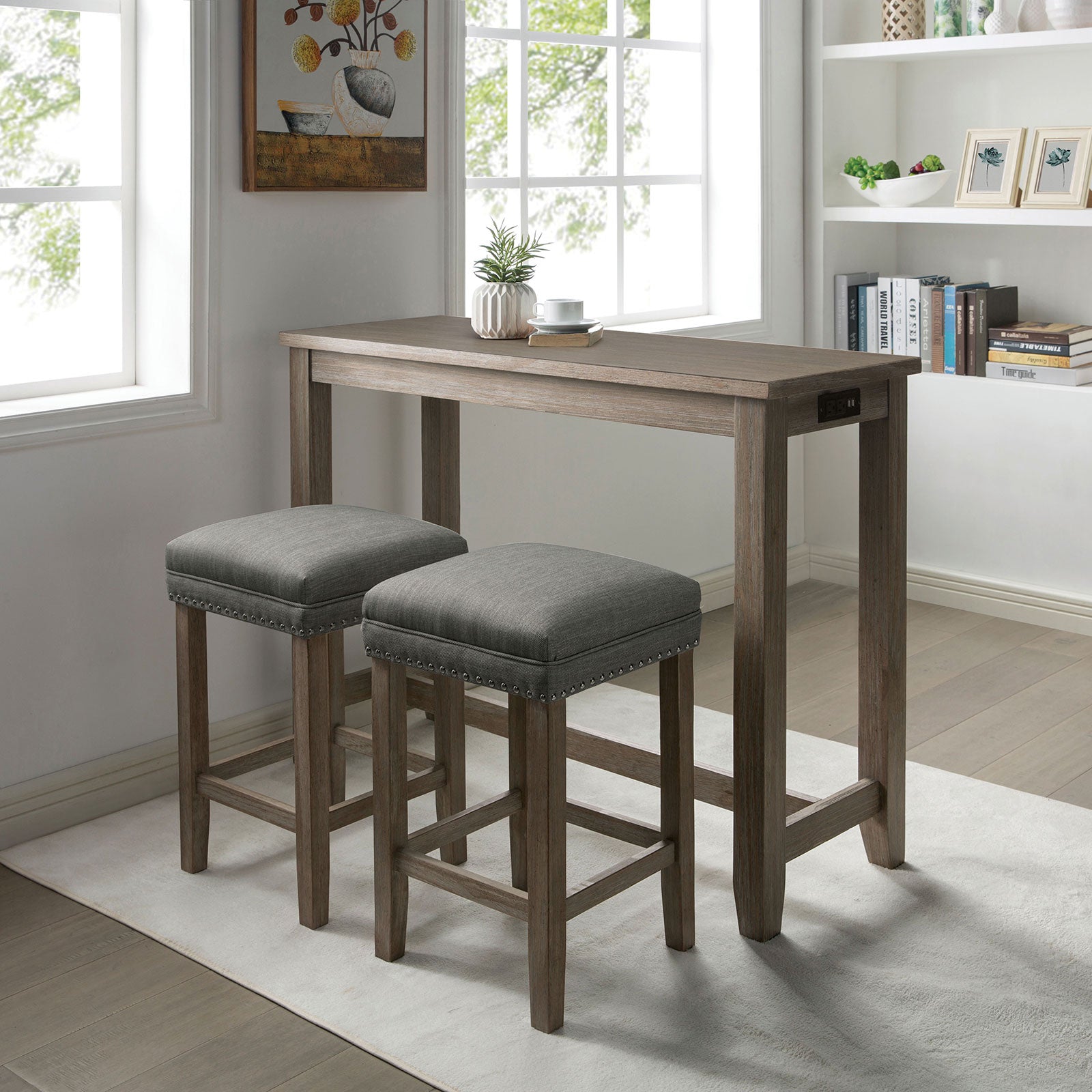 Transitional Style 3pc Dining Table Set 1x Table 2x Stool Padded Seat Nailhead Trim USB Port Wire Brushed Gray And Gray Finish