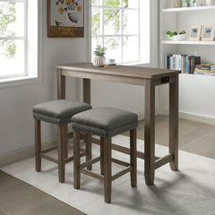 Transitional Style 3pc Dining Table Set 1x Table 2x Stool Padded Seat Nailhead Trim USB Port Wire Brushed Gray And Gray Finish