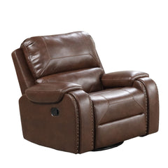 Transitional Style Recliner With Oversized Handle Nailhead Arms Top Pillow Brown Finish Primary Living Room