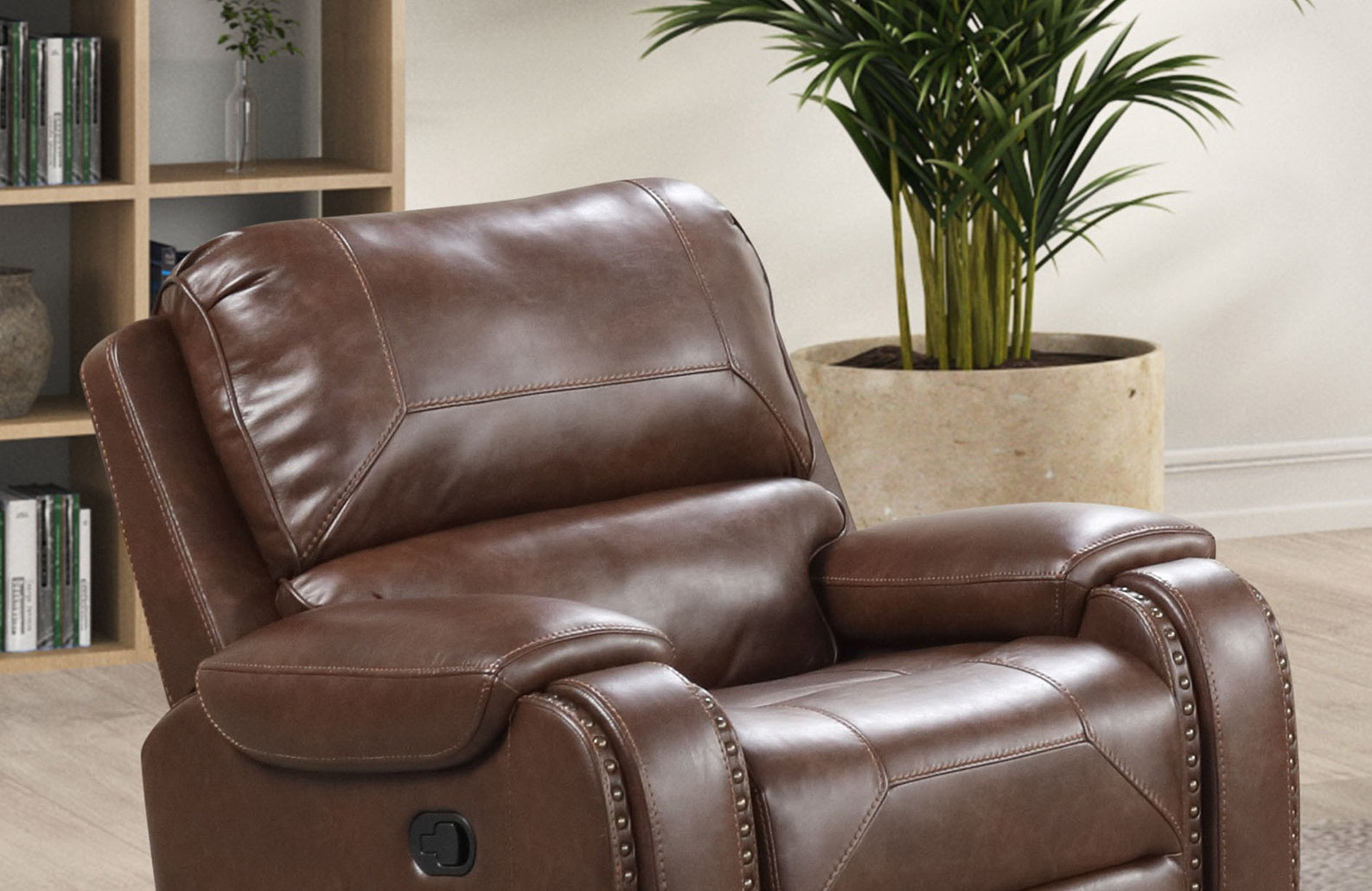 Transitional Style Recliner With Oversized Handle Nailhead Arms Top Pillow Brown Finish Primary Living Room