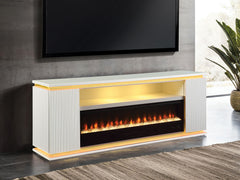 Contemporary Style TV Stand Electric Fire Place 3-Level Brightness Setting Room Temperature Control White Finish Primary Living Room