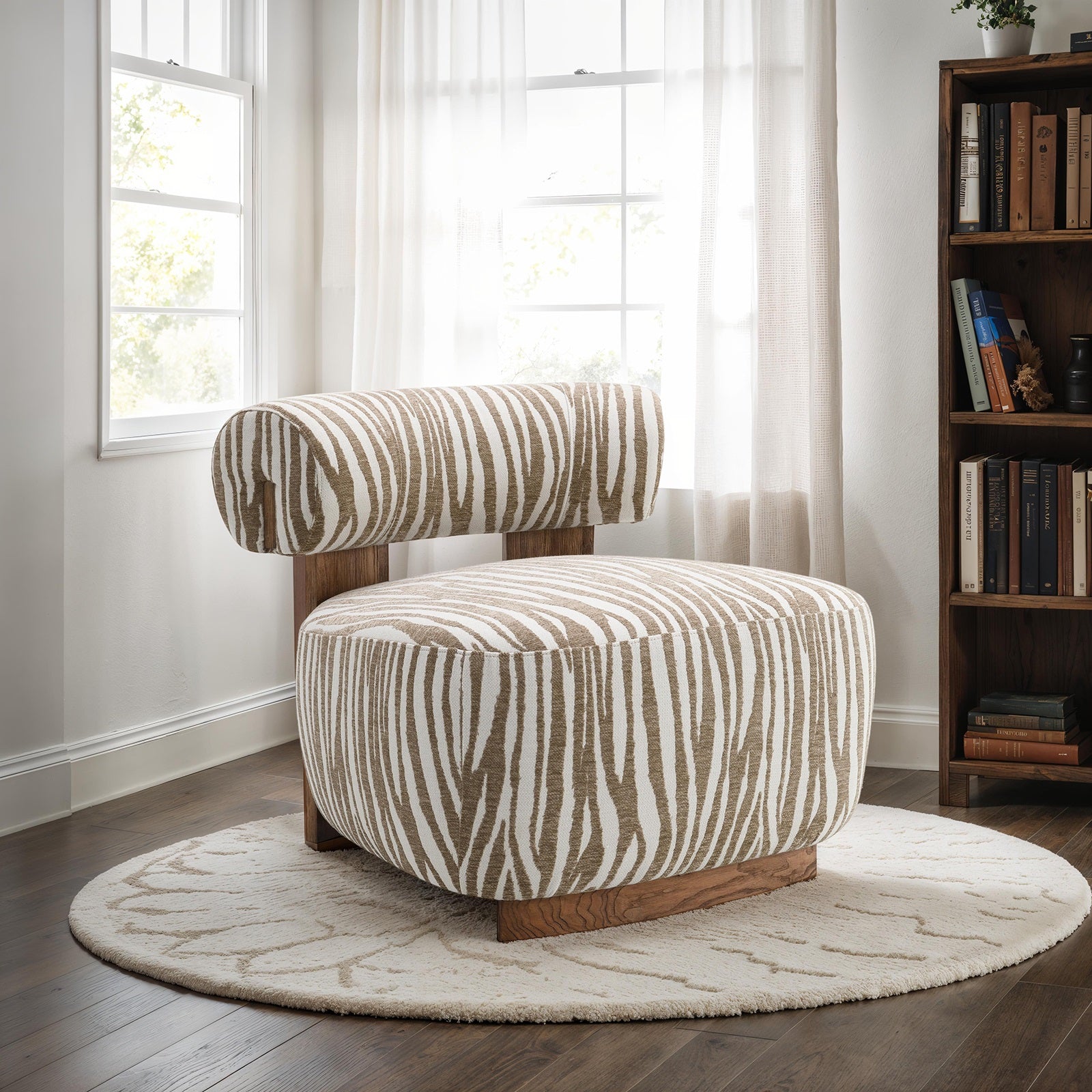 1pc Accent Chair zebra Strips Fabric Hight Density Foam Cylindrical Backrest Beige Finish Primary Living Room