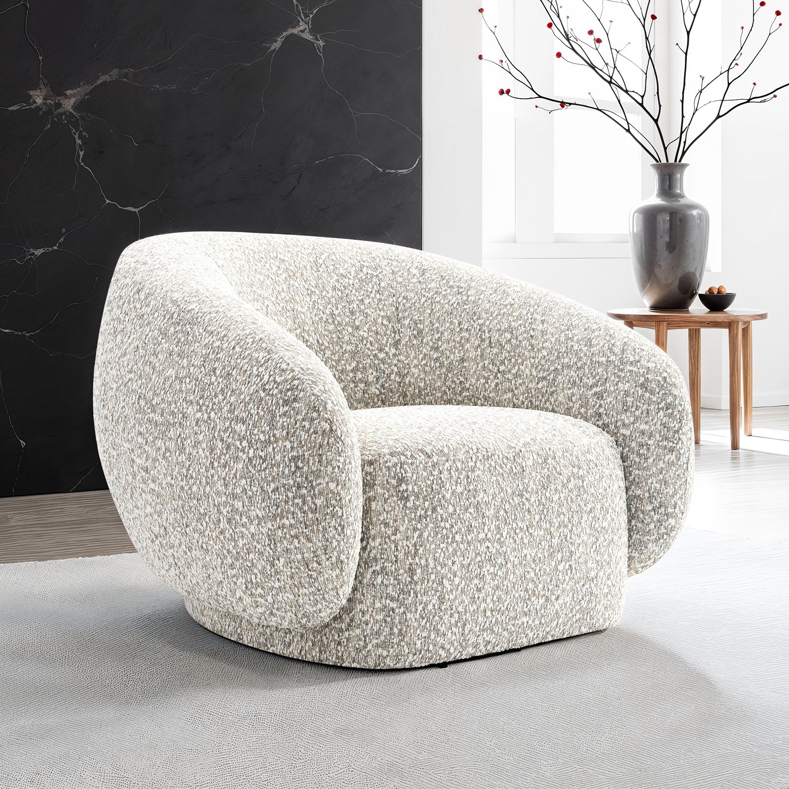 Contemporary Style 1pc Swivel Chair Boucle Upholstered 360 Degree Swivel Base armrest Slope Curved High Density Foam Brown Finish