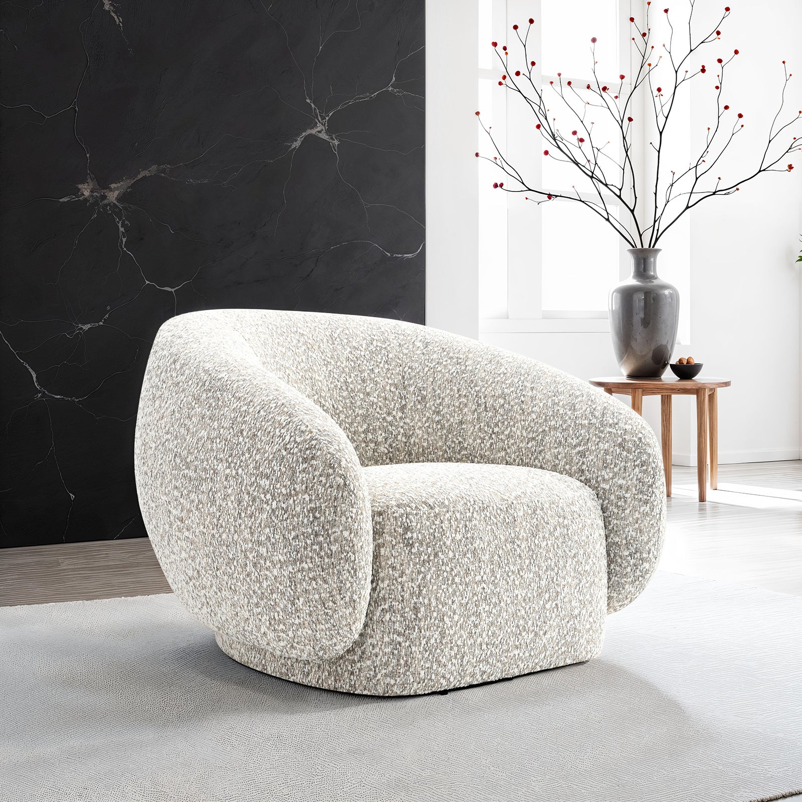 Contemporary Style 1pc Swivel Chair Boucle Upholstered 360 Degree Swivel Base armrest Slope Curved High Density Foam Brown Finish