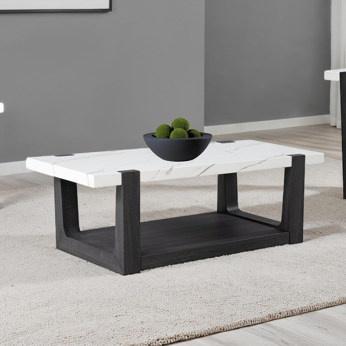 Modern Contemporary Style 1pc Coffee Table Faux Marble Top Two Tone Design Black And White Finish Primary Living Room