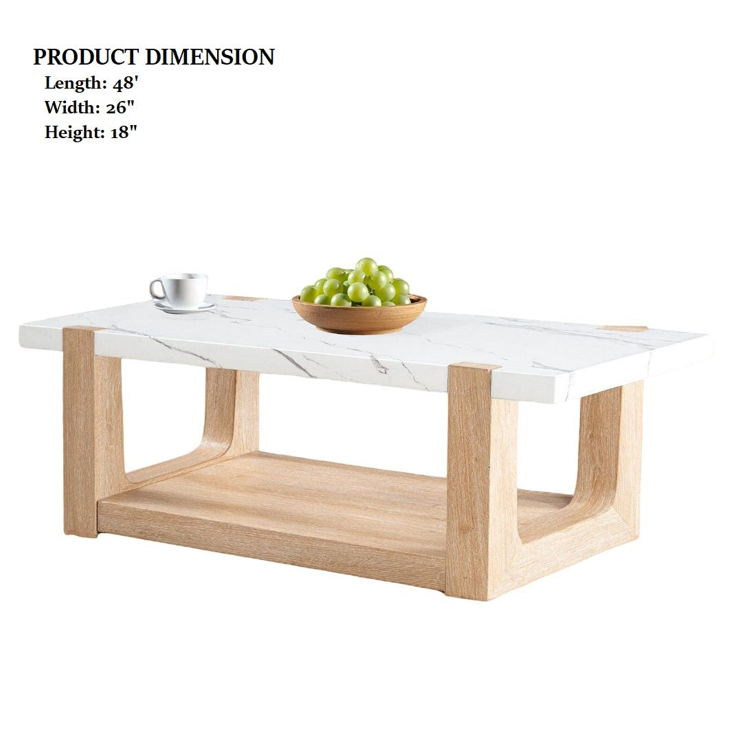 Modern Contemporary Style 1pc Coffee Table Faux Marble Top Two Tone Design Natural And White Finish Primary Living Room