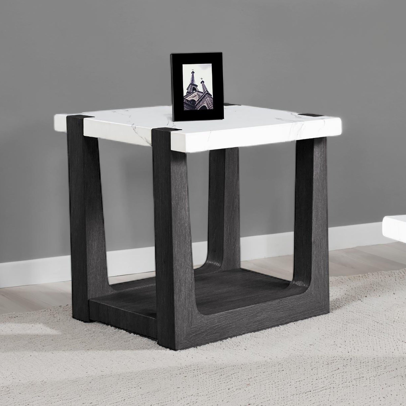 1pc End Table Faux Marble Top Two Tone Design Black And White Finish Primary Living Room