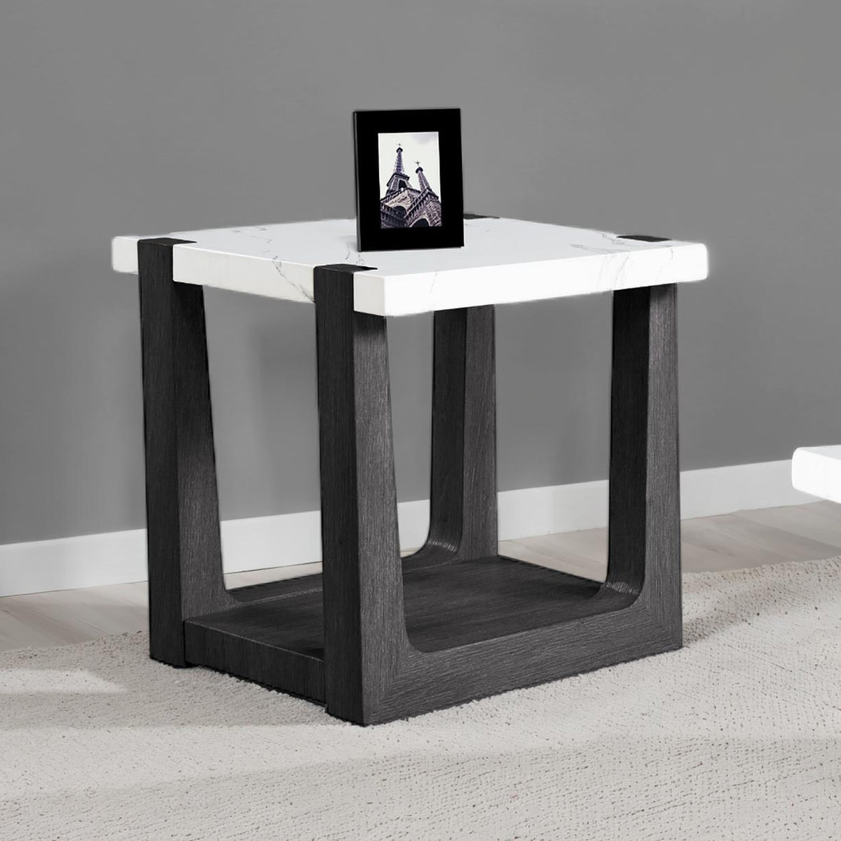 1pc End Table Faux Marble Top Two Tone Design Black And White Finish Primary Living Room