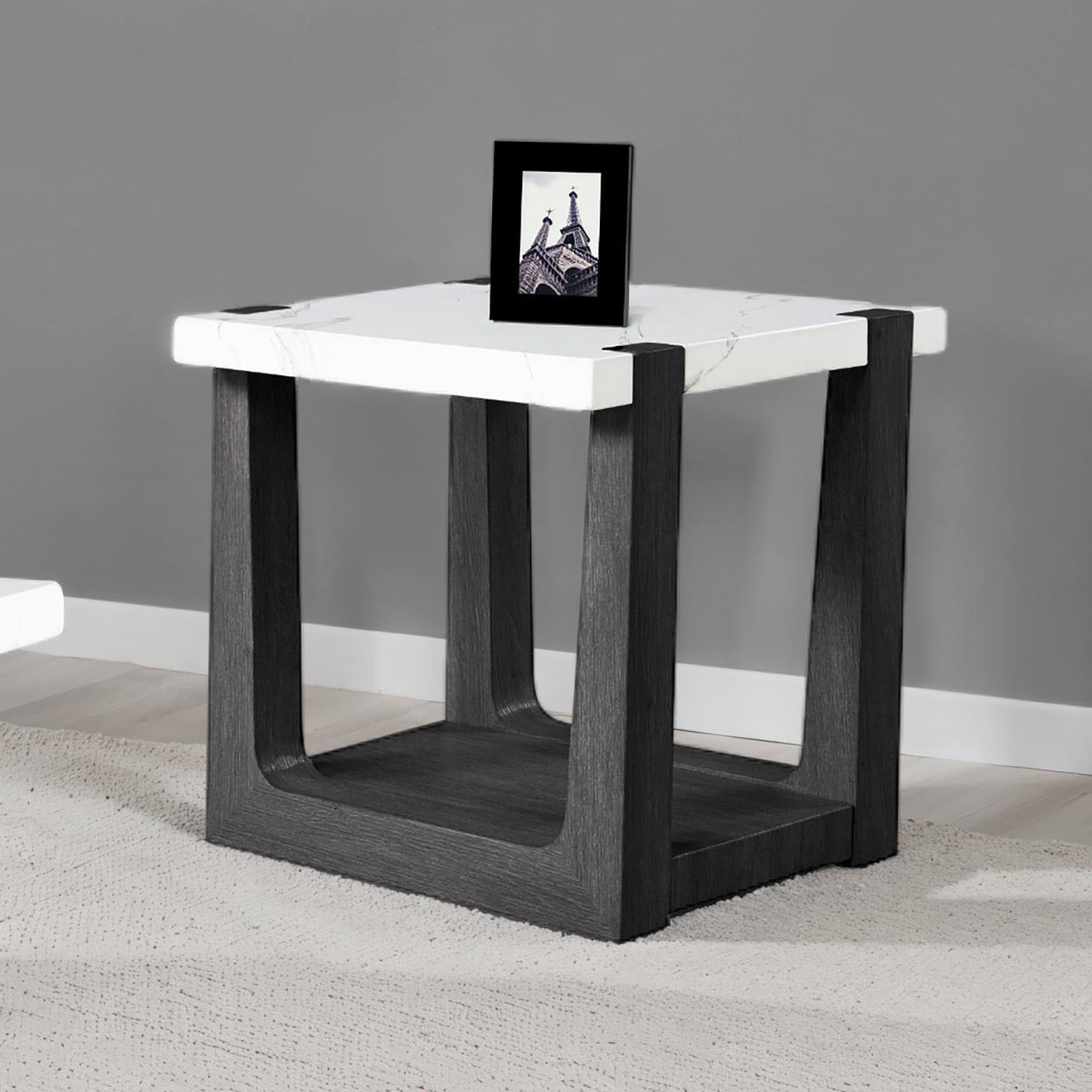 1pc End Table Faux Marble Top Two Tone Design Black And White Finish Primary Living Room