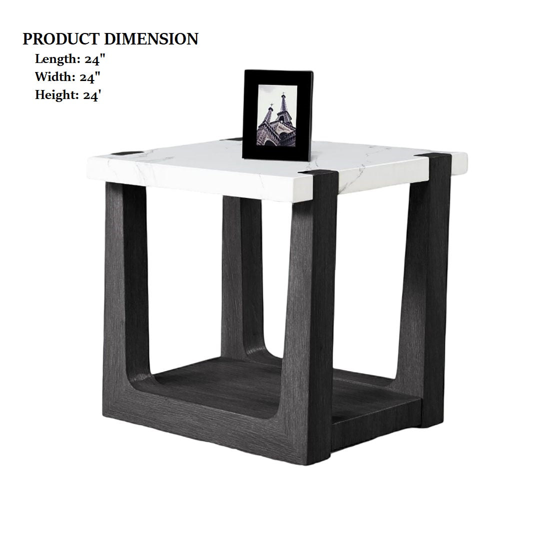 1pc End Table Faux Marble Top Two Tone Design Black And White Finish Primary Living Room