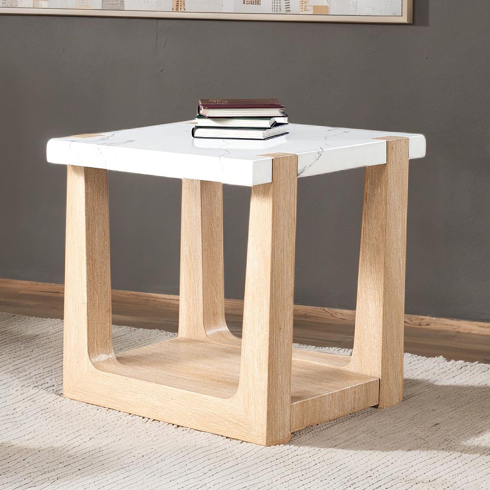 1pc End Table Faux Marble Top Two Tone Design Natural And White Finish Primary Living Room