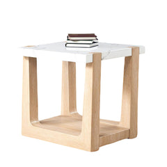 1pc End Table Faux Marble Top Two Tone Design Natural And White Finish Primary Living Room