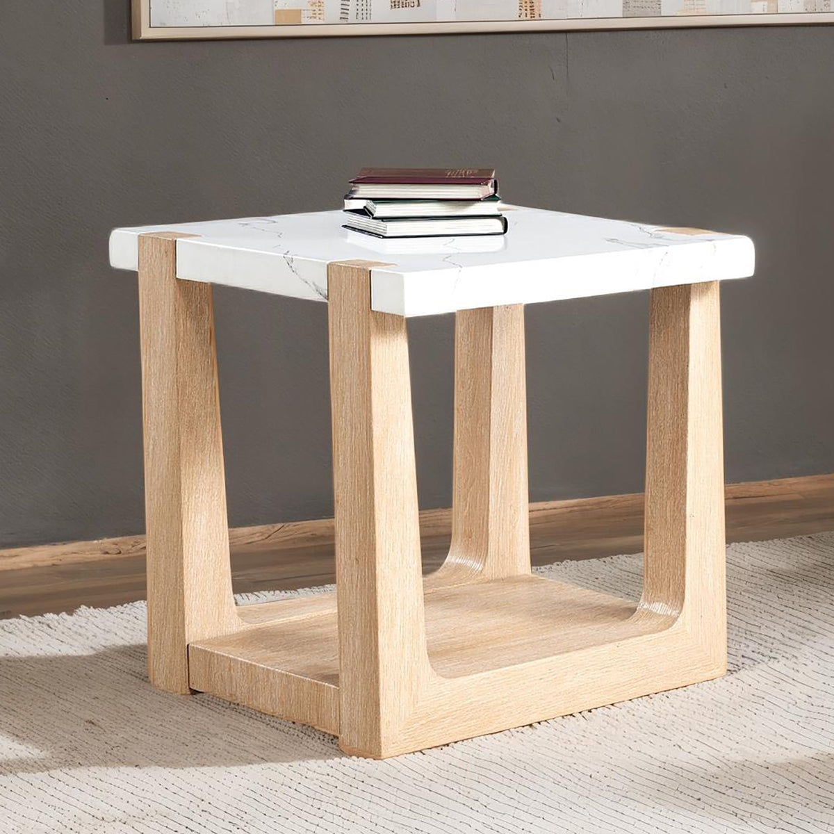 1pc End Table Faux Marble Top Two Tone Design Natural And White Finish Primary Living Room
