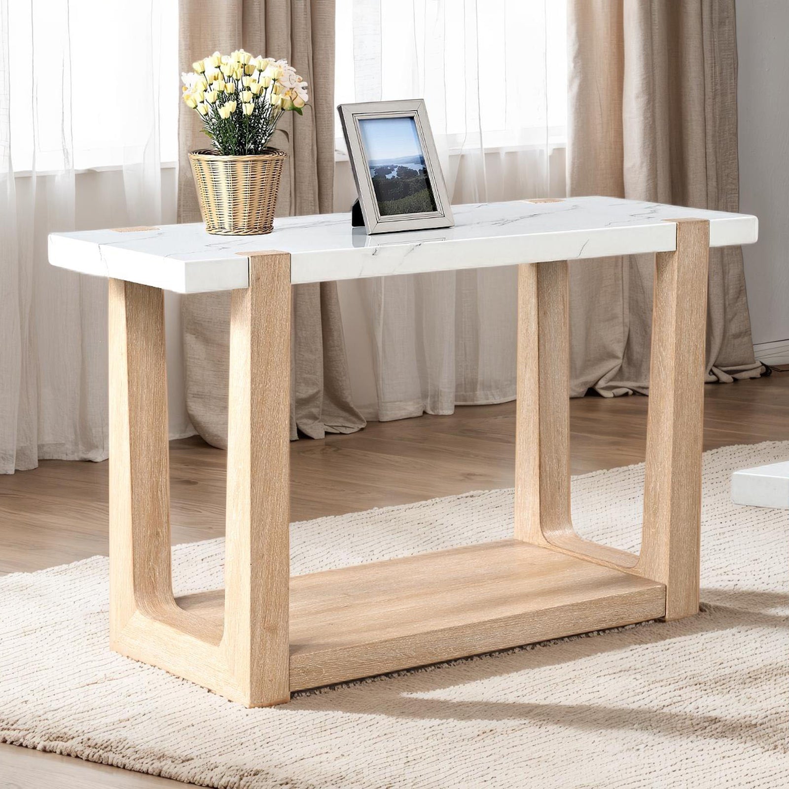 1pc Sofa Table Faux Marble Top Two Tone Design Contemporary Natural And White Finish Primary Living Room