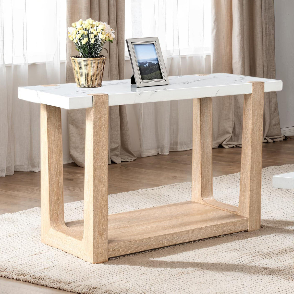 1pc Sofa Table Faux Marble Top Two Tone Design Contemporary Natural And White Finish Primary Living Room