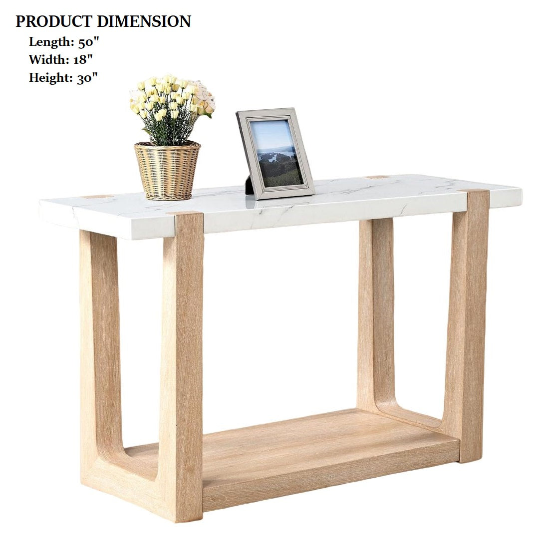 1pc Sofa Table Faux Marble Top Two Tone Design Contemporary Natural And White Finish Primary Living Room
