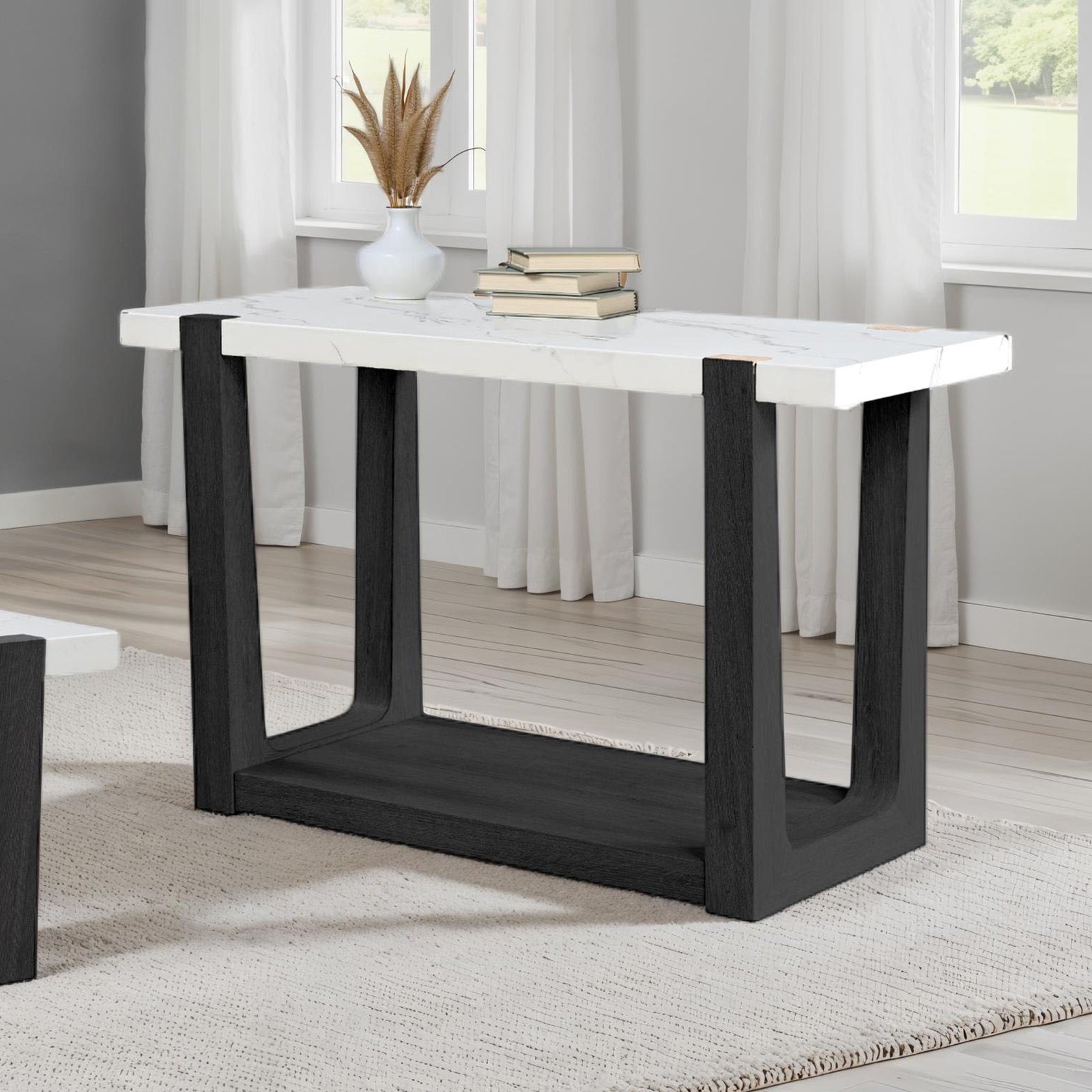 1pc Sofa Table Faux Marble Top Two Tone Design Contemporary Black And White Finish Primary Living Room