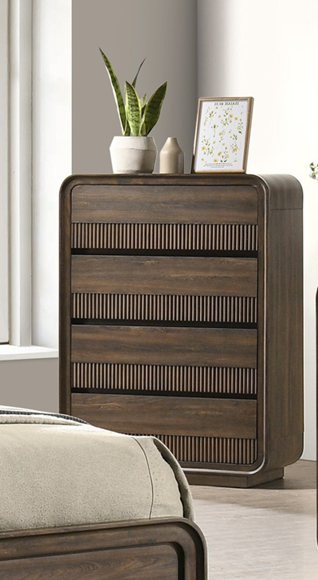 Mid-century Flair Rounded Edges 1pc Chest Warm Wood Finish Five Drawer Storage Wooden Bedroom Furniture