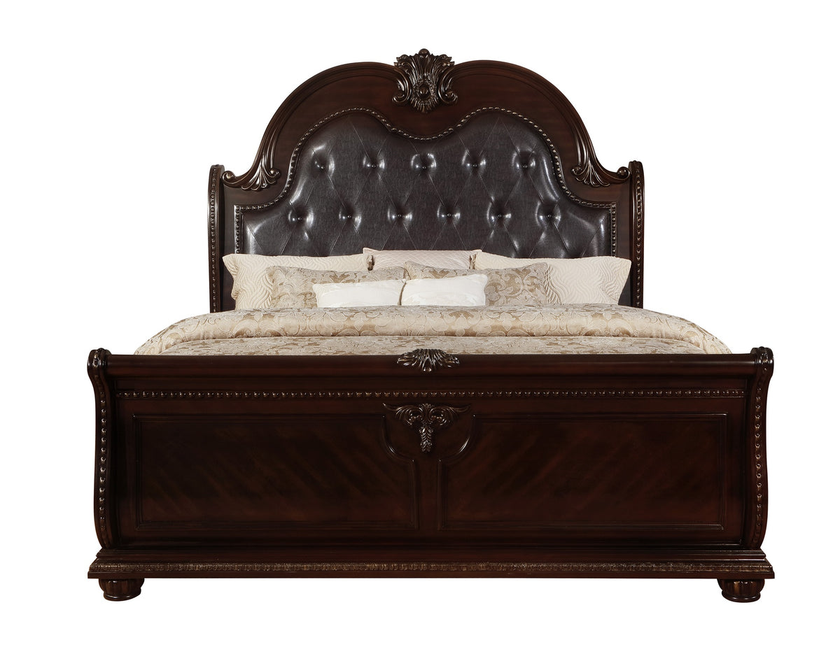 1pc Traditional Style Faux Leather Upholstered Headboard Button Tufted Formal Bedroom Furniture Formal King Sleigh Bed Antique Brown Finish