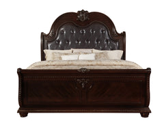 1pc Traditional Style Faux Leather Upholstered Headboard Button Tufted Formal Bedroom Furniture Formal King Sleigh Bed Antique Brown Finish
