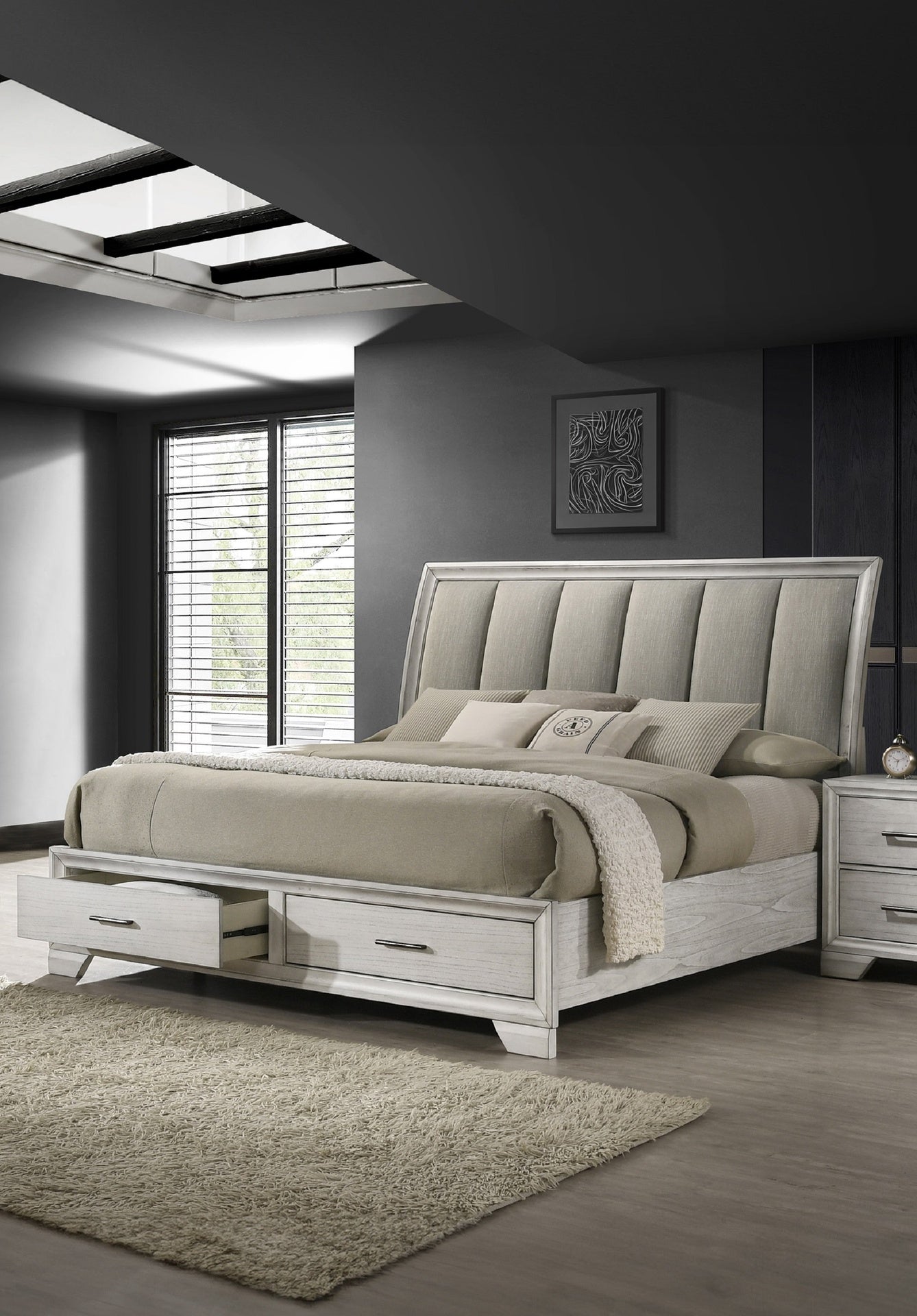 1pc Queen Storage Platform Bed Upholstered Ultra-plush Headboard Two Footboard Storage Drawers Solid Wood White Mist