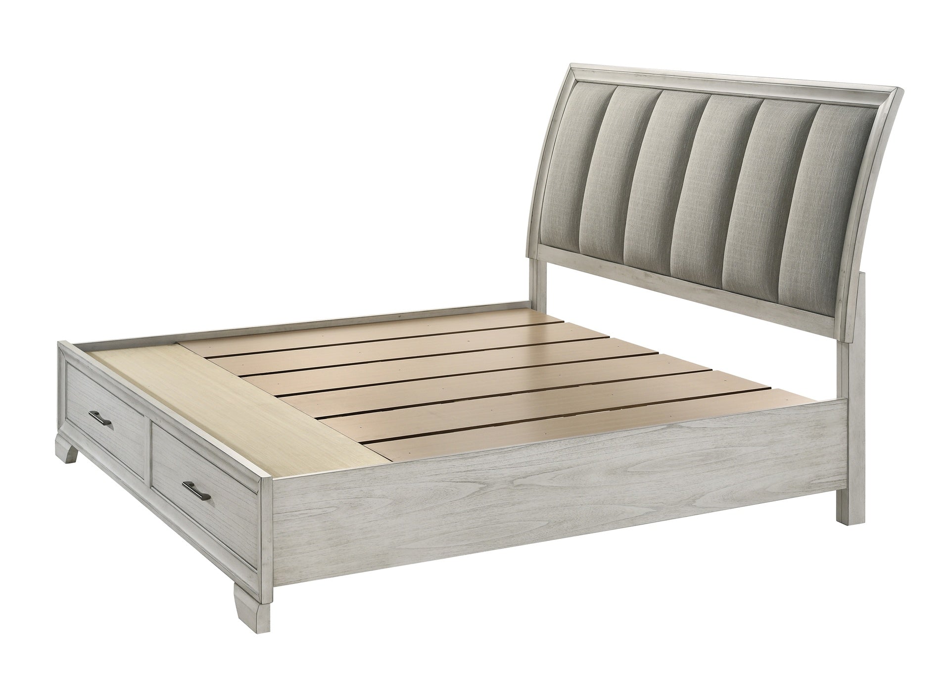 1pc King Storage Platform Bed Upholstered Ultra-plush Headboard Two Footboard Storage Drawers Solid Wood White Mist