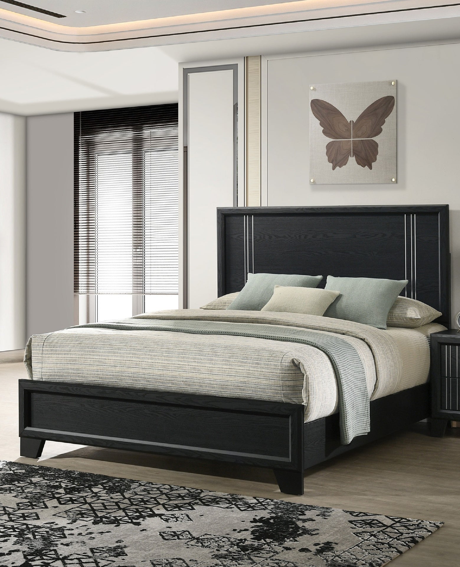 Contemporary 1pc King Size Panel Bed Wooden Bedroom Furniture Charcoal Finish