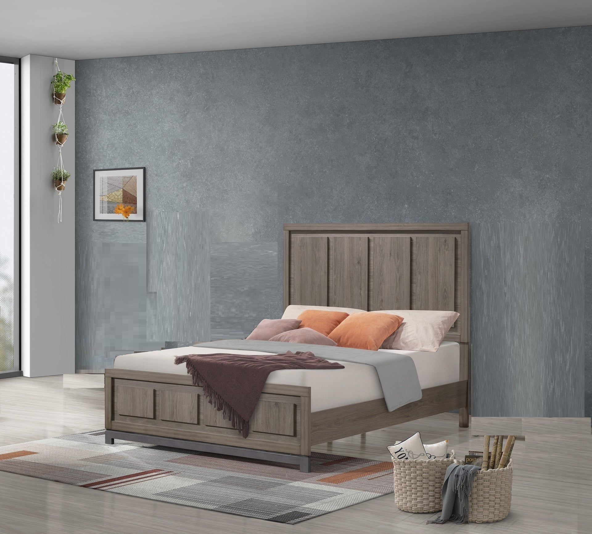 1pc Contemporary King Panel Bed Sleek Minimalist Design Soothing Grey Oak Finish