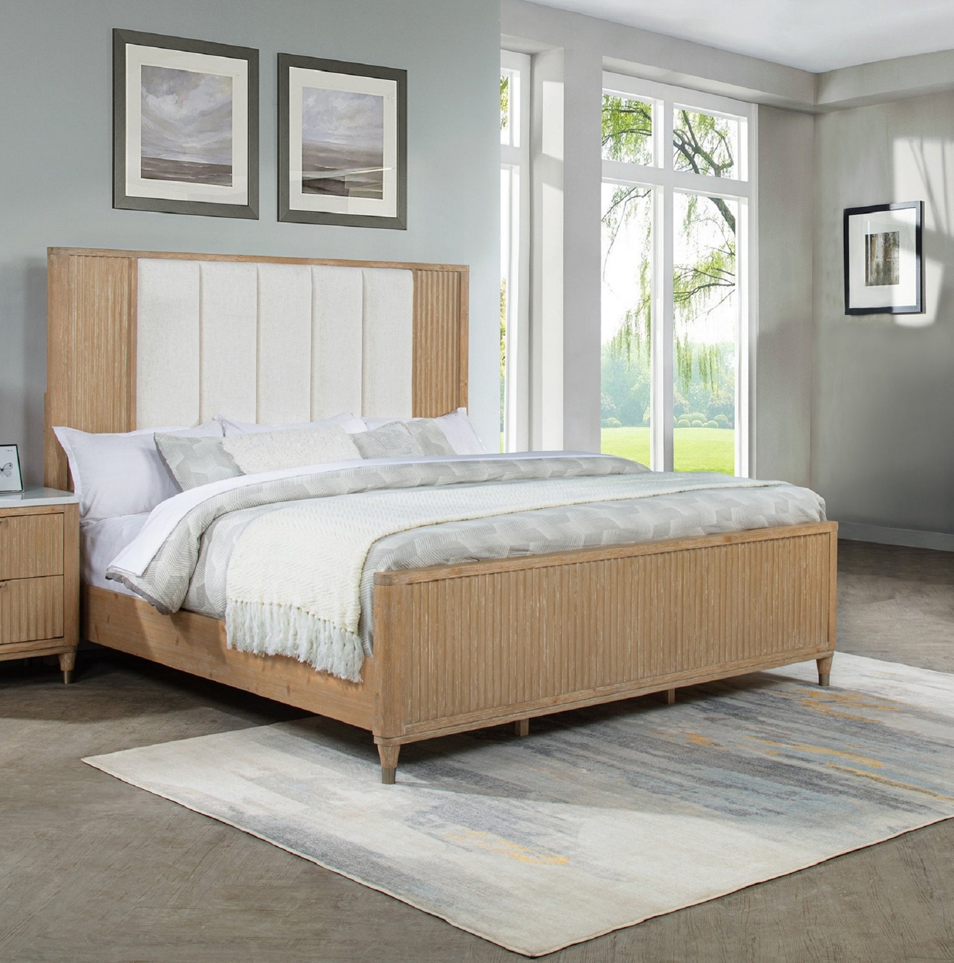Stylish Paneled High Headboard Textured Accents Clean Lines Natural Finish 1pc King Size Bed Brown White