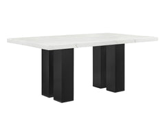 7pc Dining Set White Rectangular Marble-like Tabletop Dark-finished Base Upholstered Chairs Soft Wooden Dining Room Furniture