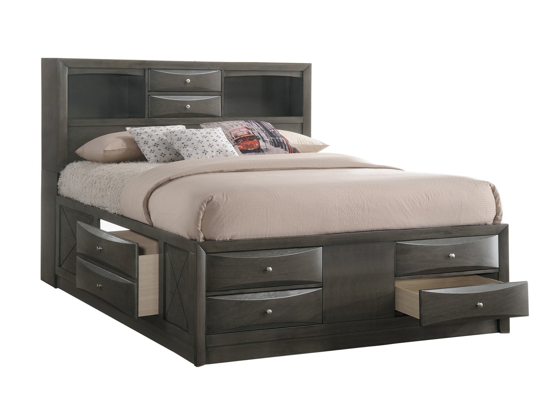 Gray King Storage Platform Captain's Bed with Bookcase Headboard Drawers Solid Wood Furniture