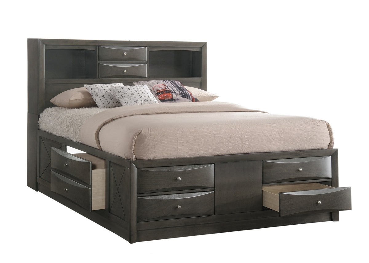 Gray King Storage Platform Captain's Bed with Bookcase Headboard Drawers Solid Wood Furniture