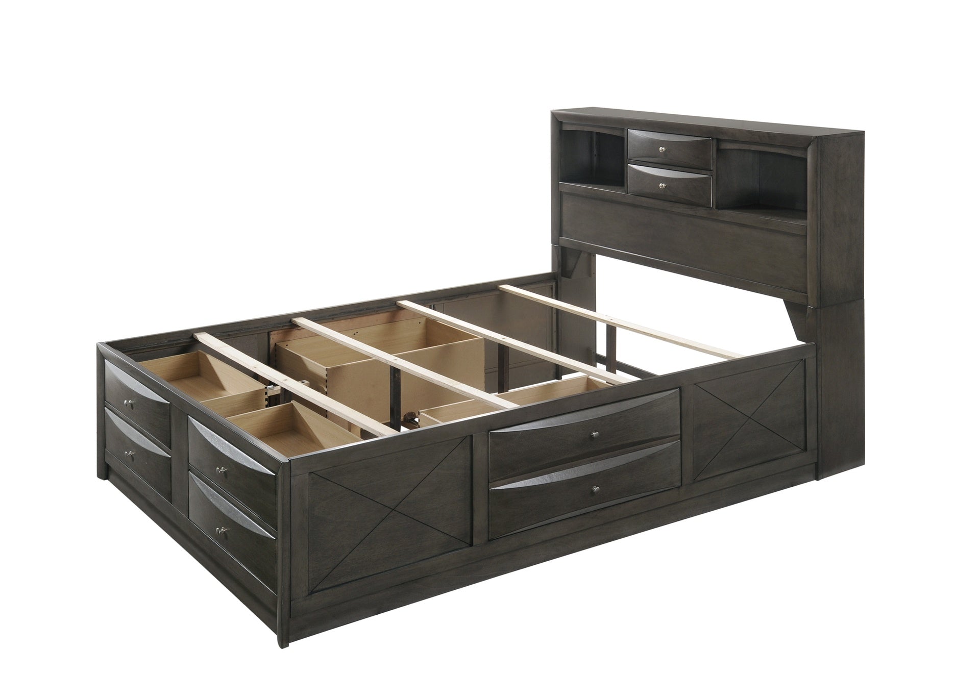 Gray King Storage Platform Captain's Bed with Bookcase Headboard Drawers Solid Wood Furniture