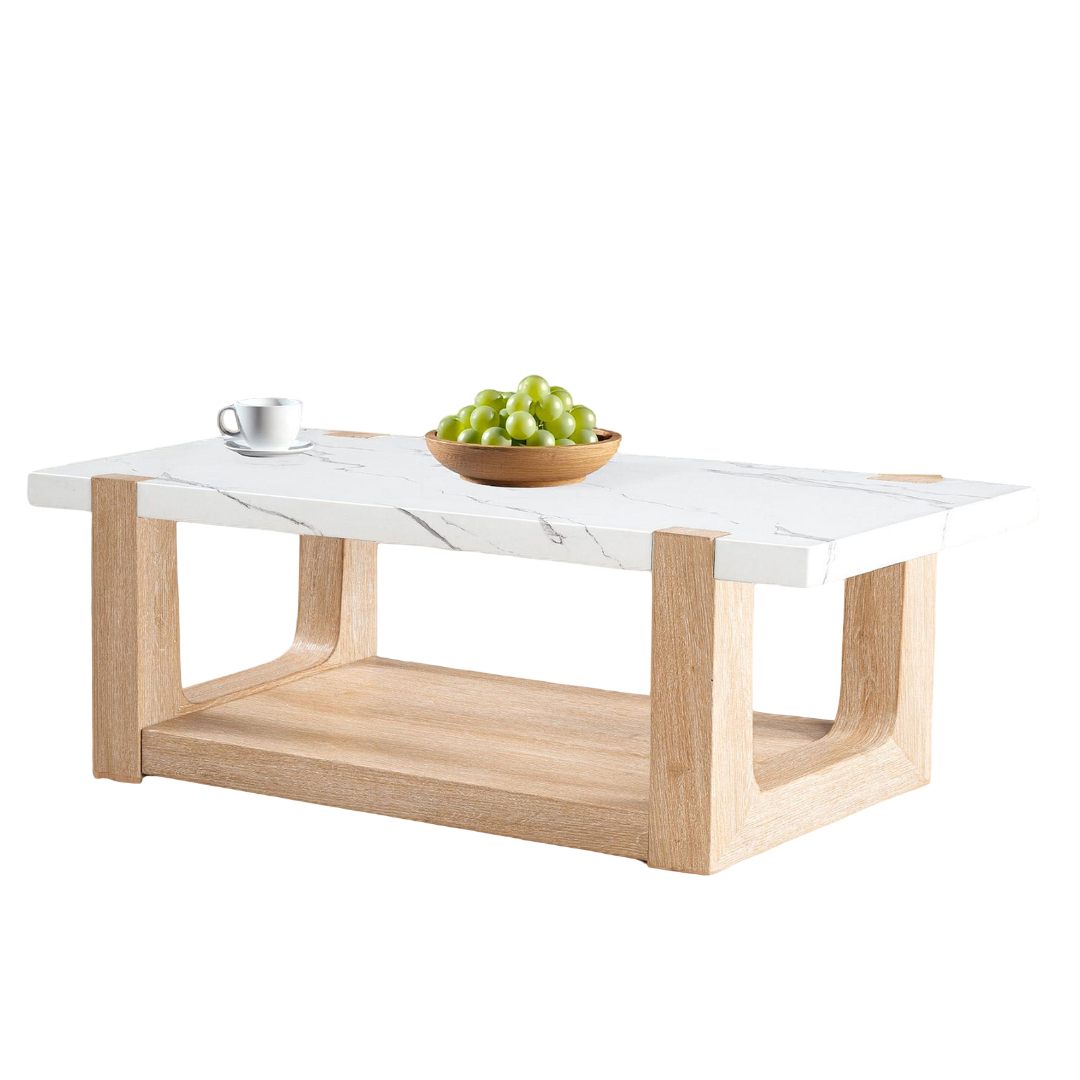 Modern contemporary Style 3pc Table Set 1x Coffee Table 1x End Table 1x Sofa Table Faux Marble Top Two Tone Design Natural And White Finish