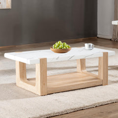 Modern contemporary Style 3pc Table Set 1x Coffee Table 1x End Table 1x Sofa Table Faux Marble Top Two Tone Design Natural And White Finish