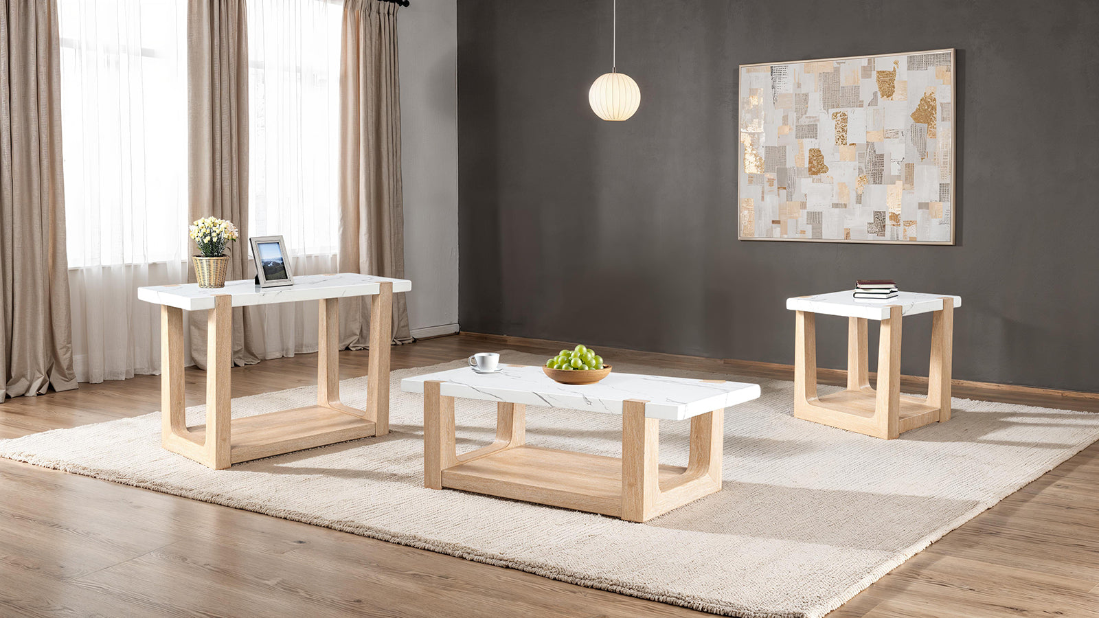 Modern contemporary Style 3pc Table Set 1x Coffee Table 1x End Table 1x Sofa Table Faux Marble Top Two Tone Design Natural And White Finish