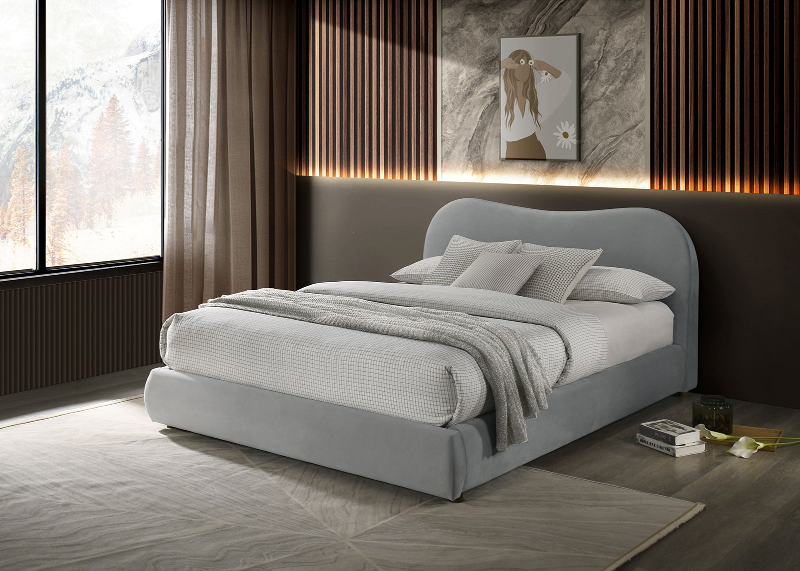 Light Gray Velvet Upholstered 1pc Eastern King Size Bed Curved Design Headboard Storage FB Bedroom Furniture Bedframe