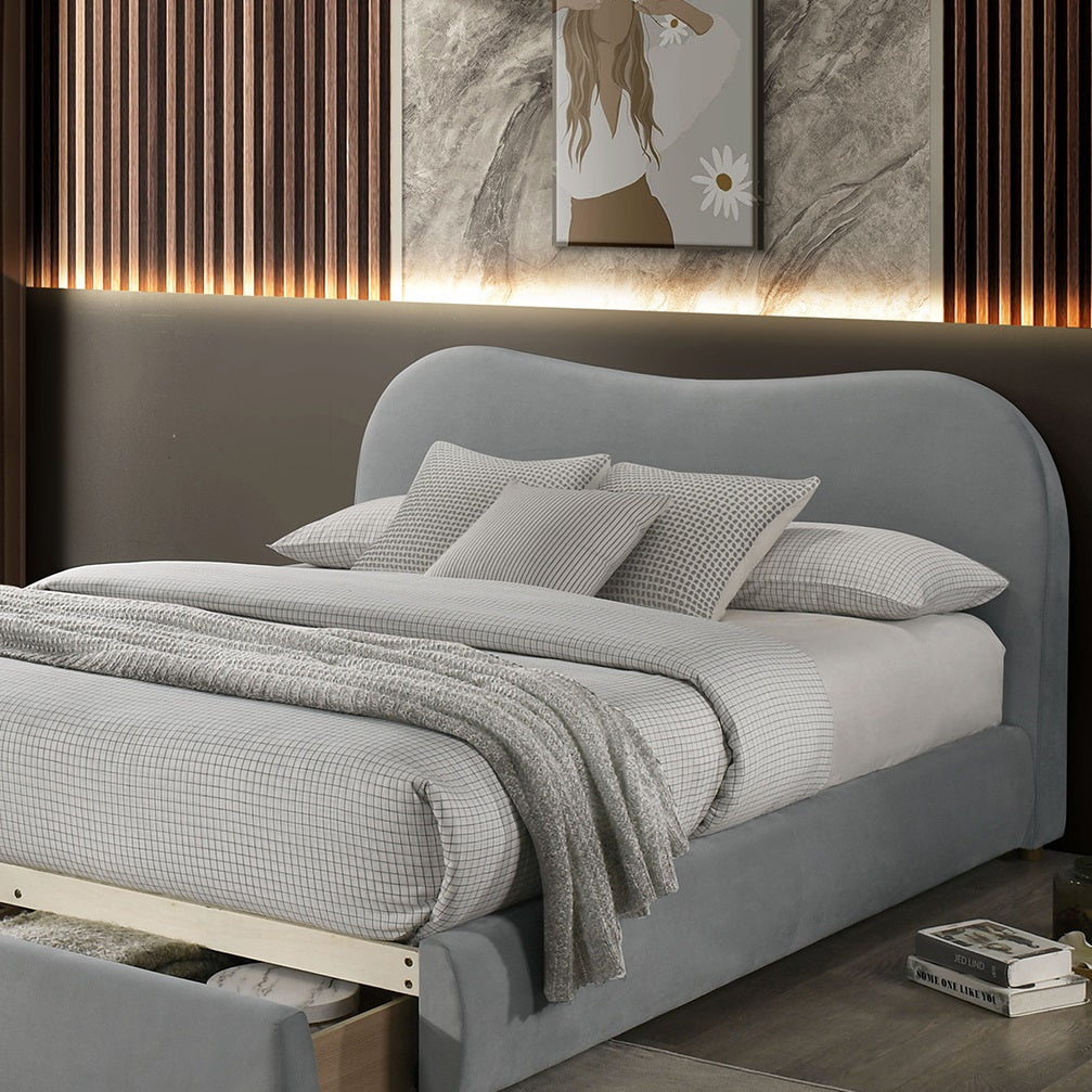 Light Gray Velvet Upholstered 1pc Eastern King Size Bed Curved Design Headboard Storage FB Bedroom Furniture Bedframe